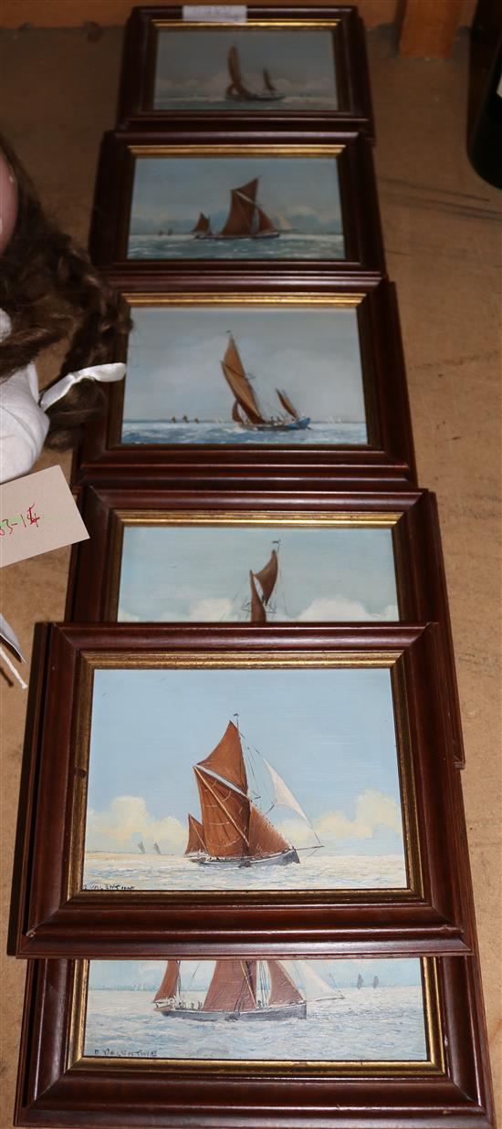 6 paintings, yachts at sea all signed, B. Valentine